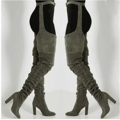 Suede Fashion Pointed Personality Chunky Heel Over The Knee Fashion Boots