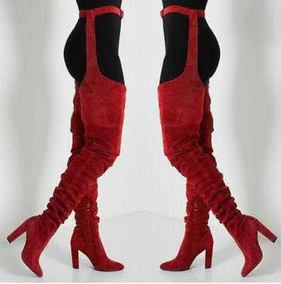Suede Fashion Pointed Personality Chunky Heel Over The Knee Fashion Boots