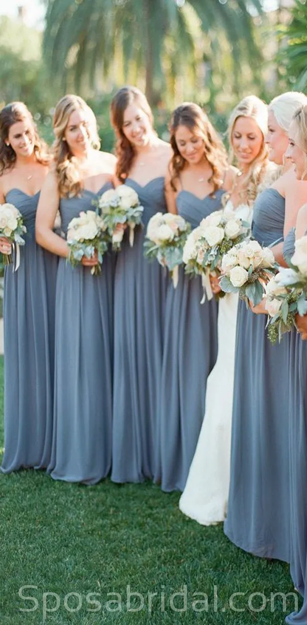 Sweetheart Chiffon A line Cheap Dusty Blue Floor-length Long Popular Birdesmaid Dresses, WG557