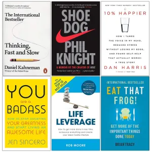 Thinking Fast and Slow, Shoe Dog, 10% Happier, You Are a Badass, Life Leverage, Eat That Frog 6 Books Collection Set