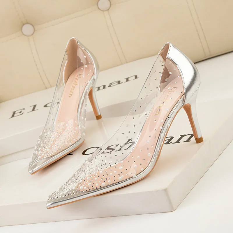 Transparent Cutout Pearl Shining Rhinestone Women's Shoes