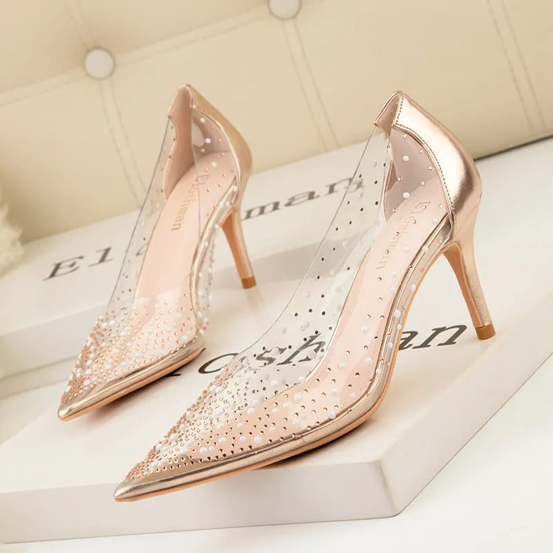 Transparent Cutout Pearl Shining Rhinestone Women's Shoes