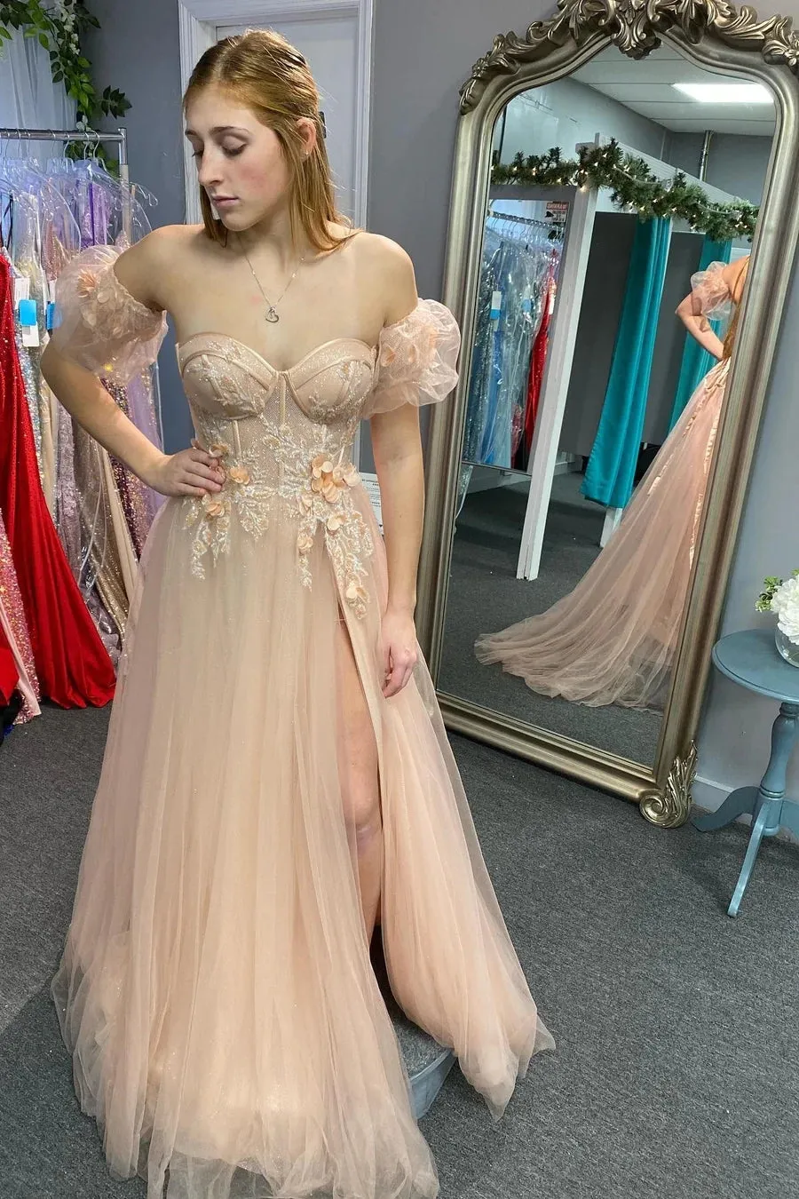 Tulle 3D Floral Lace Sweetheart A-Line Prom Dress with Slit TP1241