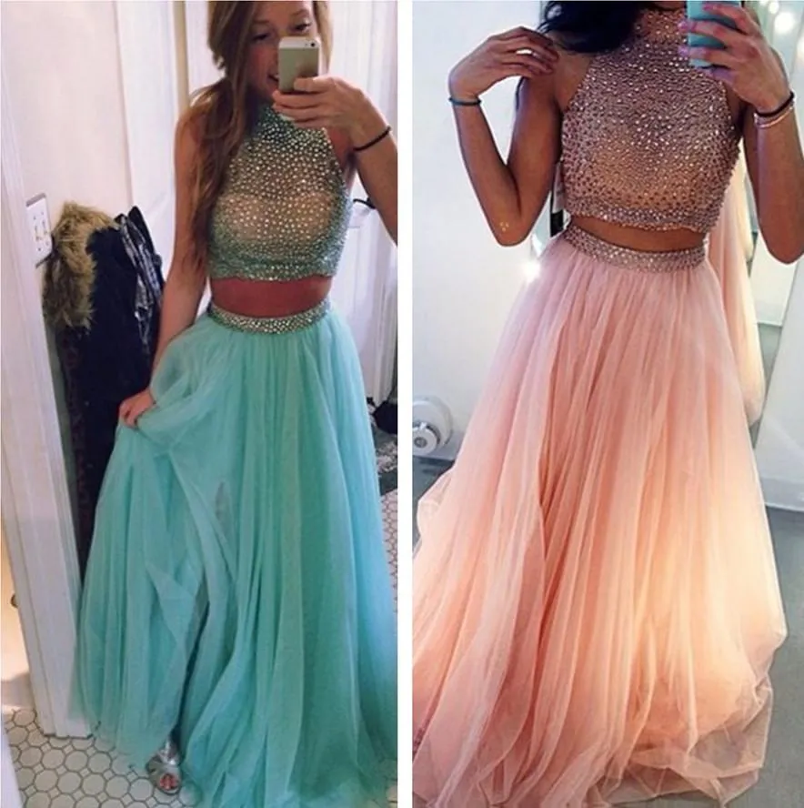 Two Piece A-Line High Neck Sleeveless Long Prom Dress with Beading, MP261