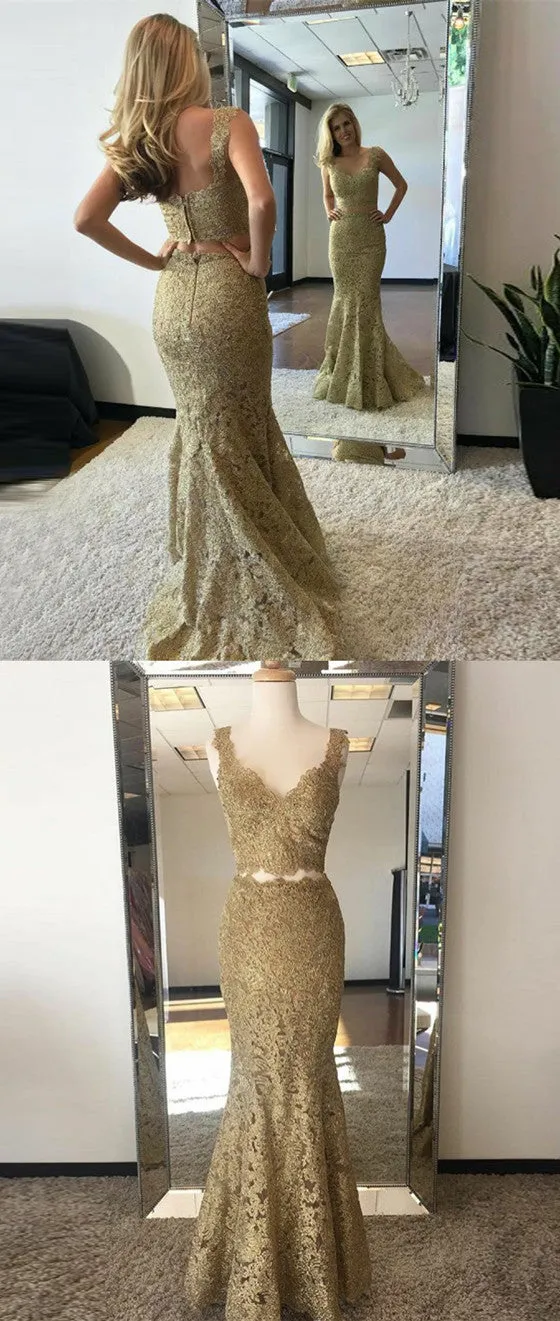 Two Piece Mermaid V-Neck Sweep Train Gold Lace Prom Dress, PD0646