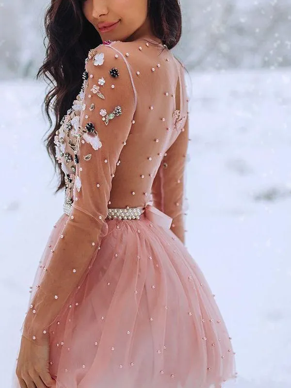 Unique Multi-color Black, White and Pink Long Sleeves A-line Short Homecoming Dresses, BD0446