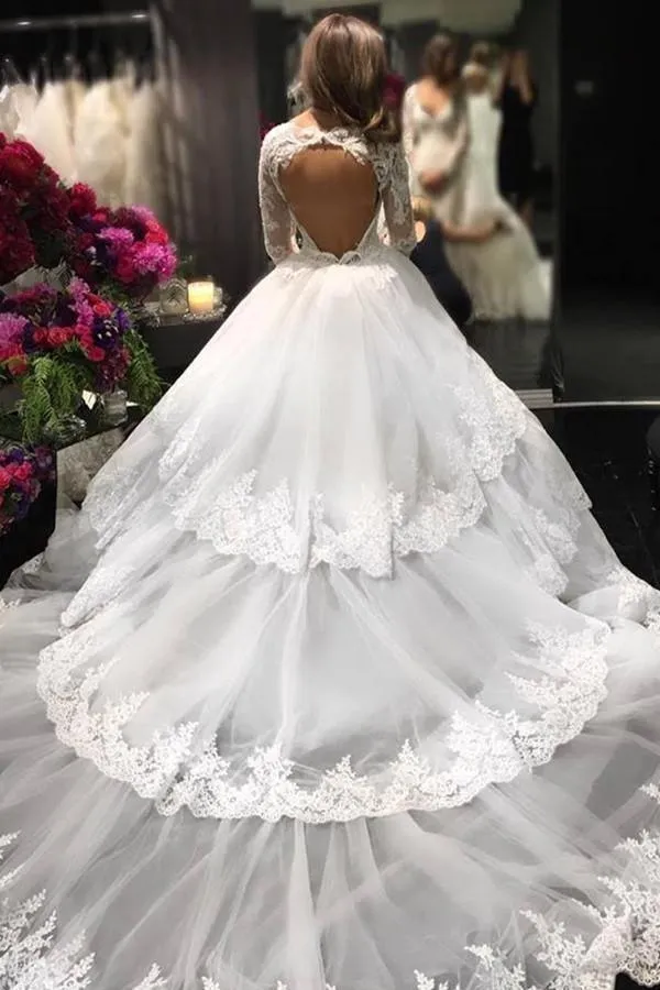 V-neck Tiered Long Sleeves Wedding Dress With Appliques Lace Top Backless  TN0088