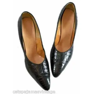 Vintage Womens Shoes Black Alligator Stiletto Heels Pumps The Balta Size 9 1950s