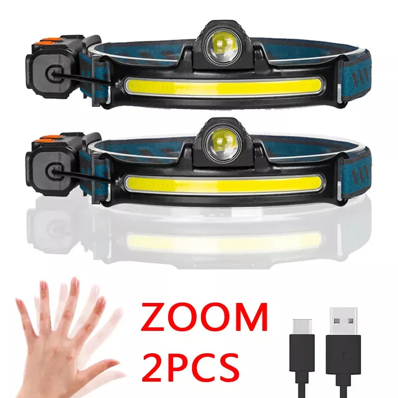 Wave Sensor LED Headlamp Powerful XPG COB Headlight with Built-in 18650 Battery
