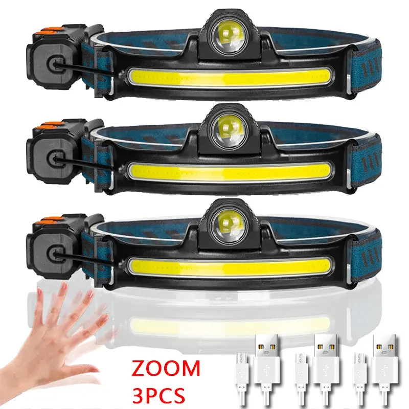 Wave Sensor LED Headlamp Powerful XPG COB Headlight with Built-in 18650 Battery