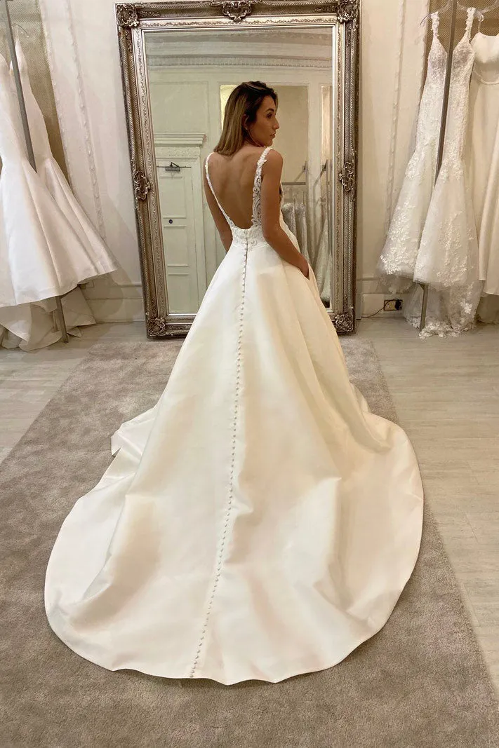 White Deep V Neck Satin Lace Top Long Prom Dress Wedding Dress OKU41