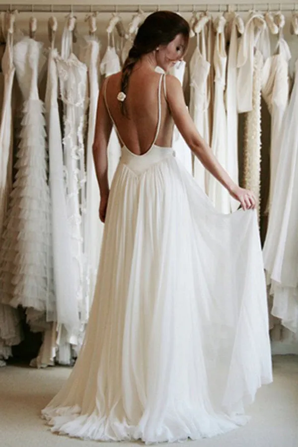 White Simple Lace Bridal Gown, Sexy Backless Cheap Wedding Dress,SW56