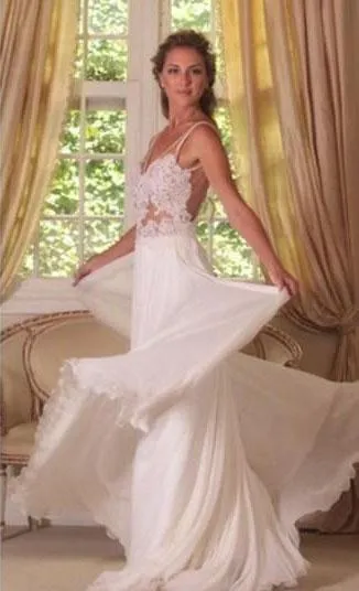 White Simple Lace Bridal Gown, Sexy Backless Cheap Wedding Dress,SW56