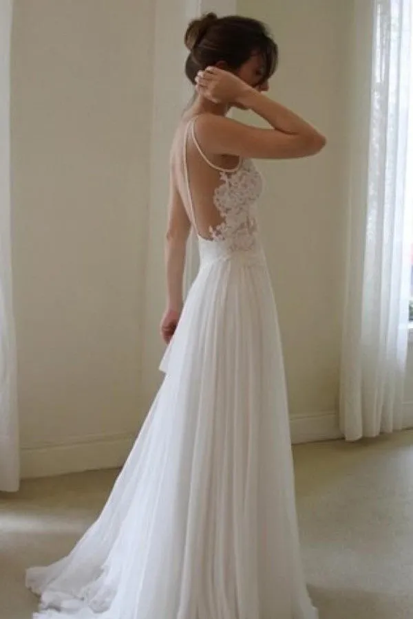 White Simple Lace Bridal Gown, Sexy Backless Cheap Wedding Dress,SW56