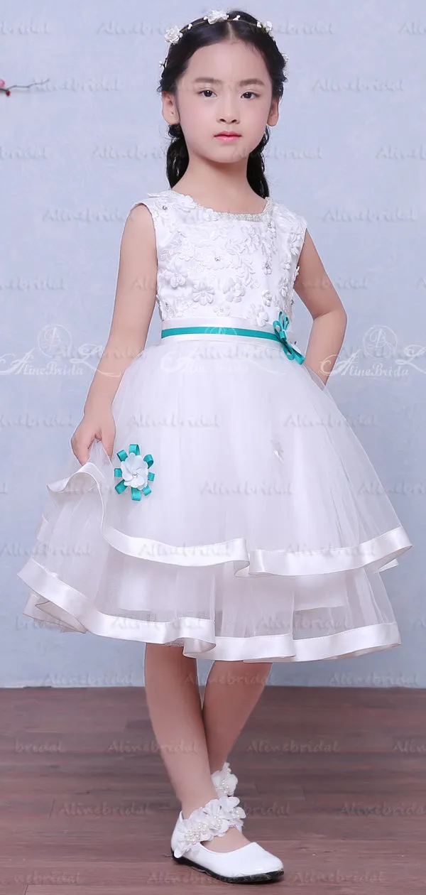 White Tulle Applique Beading Tiered Teal Belt Flower Girl Dresses, FGS118