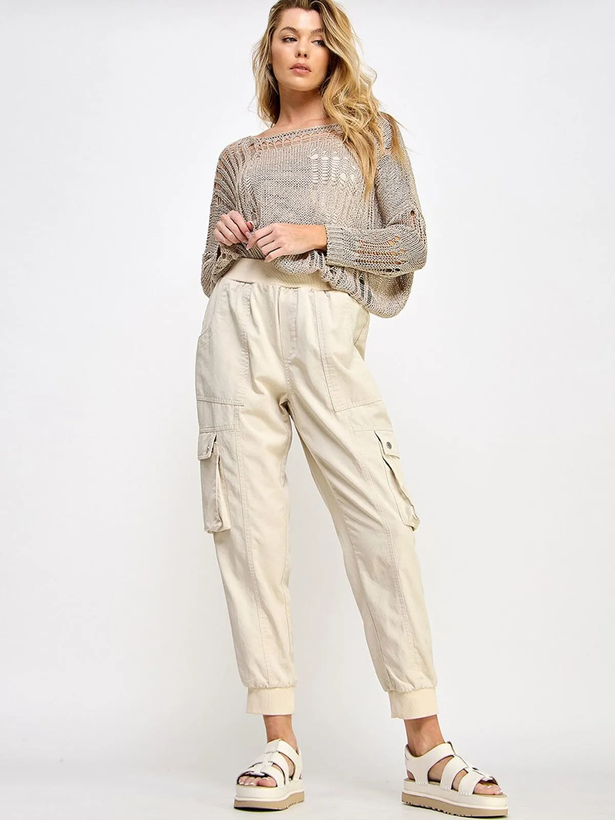 WOMEN'S ELASTIC WAIST CARGO POCKETS JOGGER PANTS