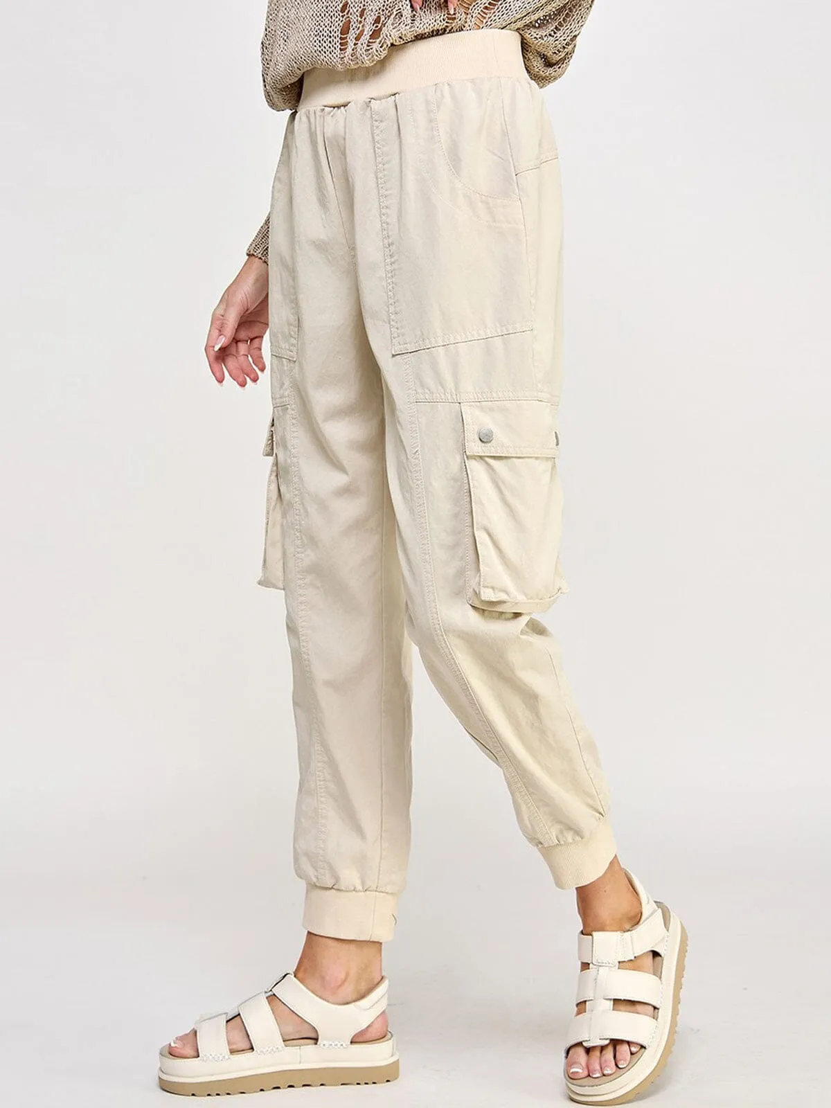 WOMEN'S ELASTIC WAIST CARGO POCKETS JOGGER PANTS