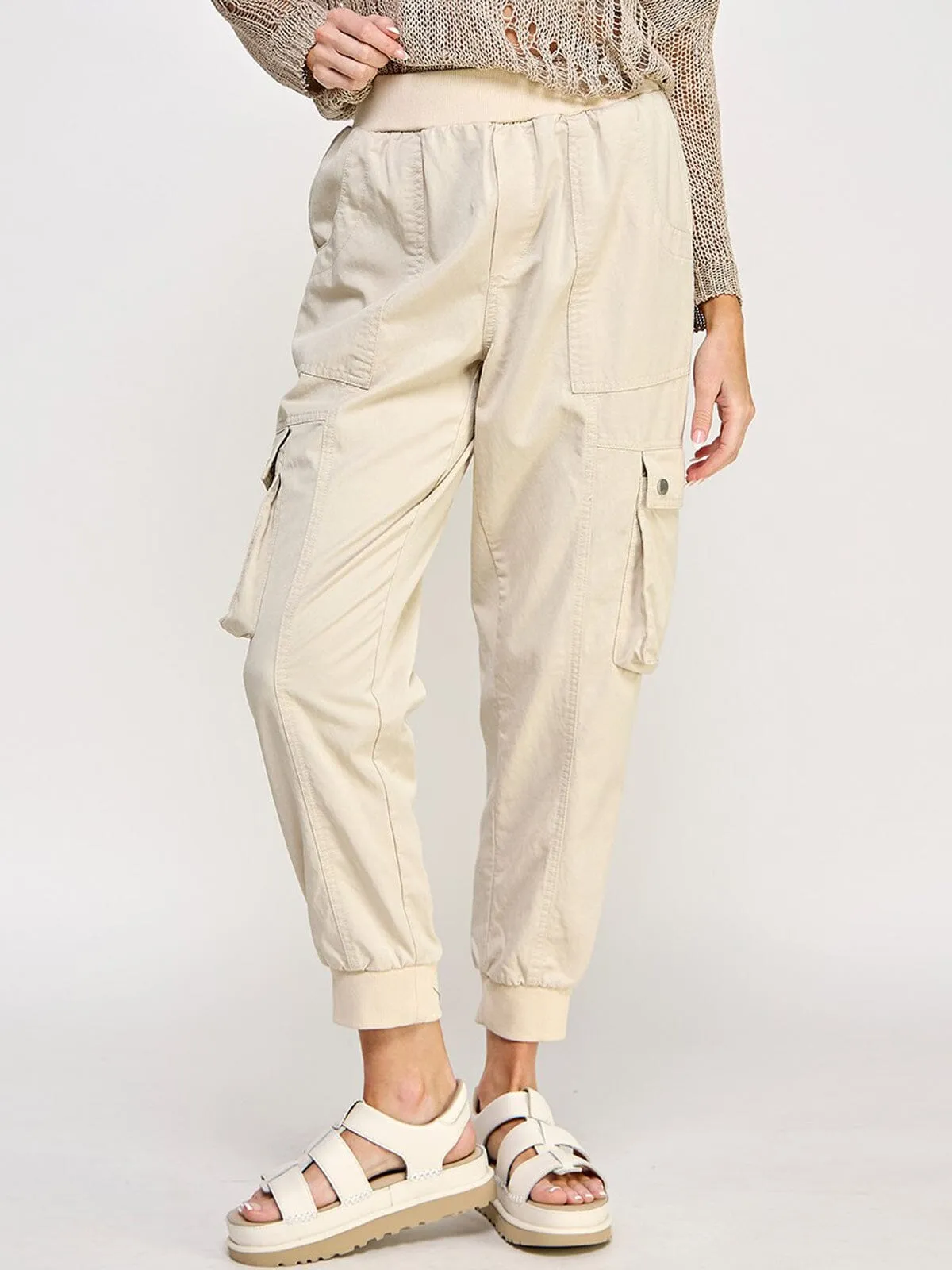 WOMEN'S ELASTIC WAIST CARGO POCKETS JOGGER PANTS