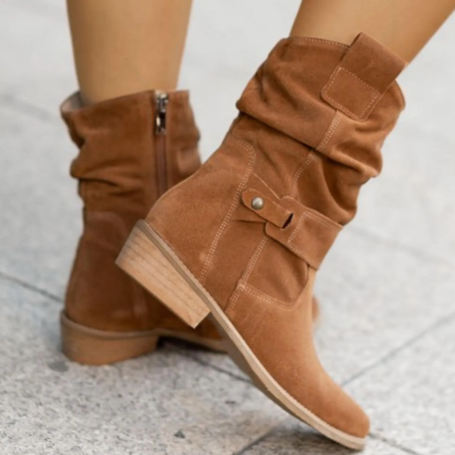 Women's Low Heel Suede Short Boots