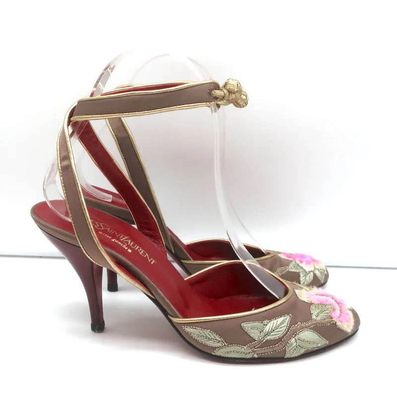 Yves Saint Laurent Opium Lotus Embroidered Pumps Mocha Satin Size 37