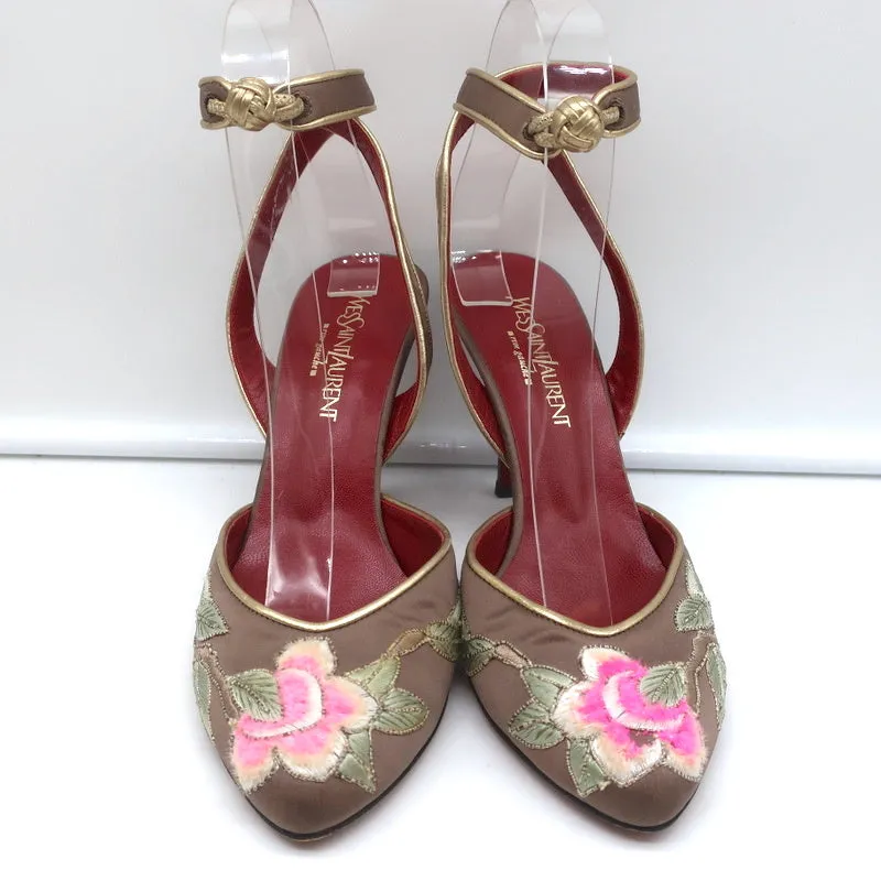 Yves Saint Laurent Opium Lotus Embroidered Pumps Mocha Satin Size 37